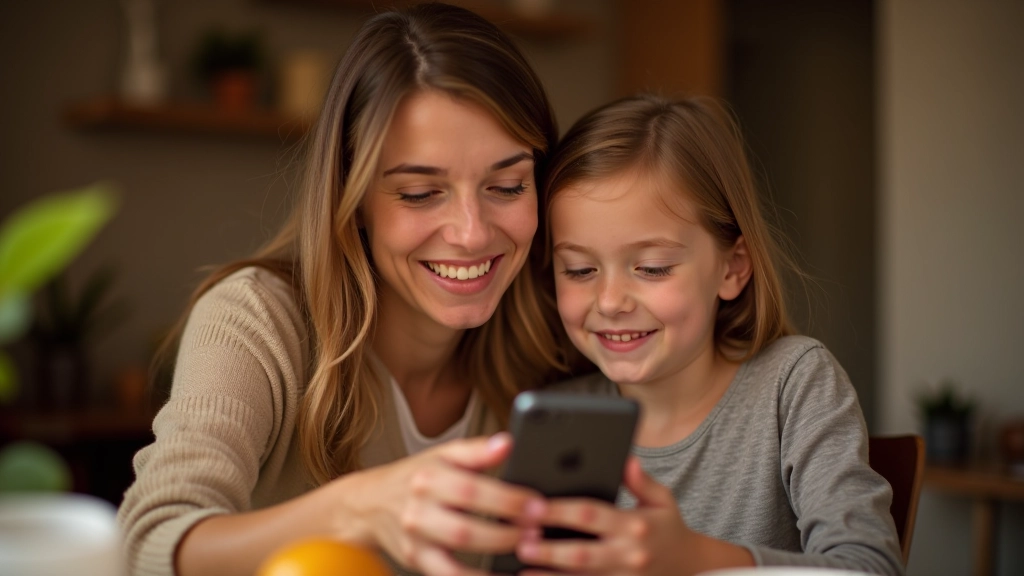 Motina ir dukra žiūrėjančios į išmanųjį telefoną, kuriame rodoma roboto sąsaja su klausimais ir atsakymais